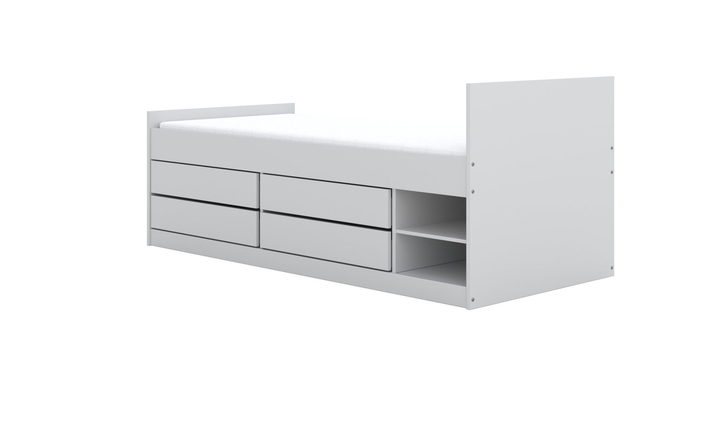 Side view of white kids bed frame showing four pull-out drawers and open shelving compartments