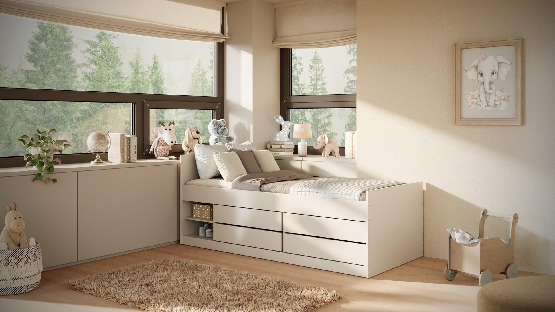 White children's bed with storage in modern bedroom setting near windows with decorative accessories