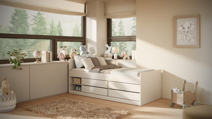 White children's bed with storage in modern bedroom setting near windows with decorative accessories