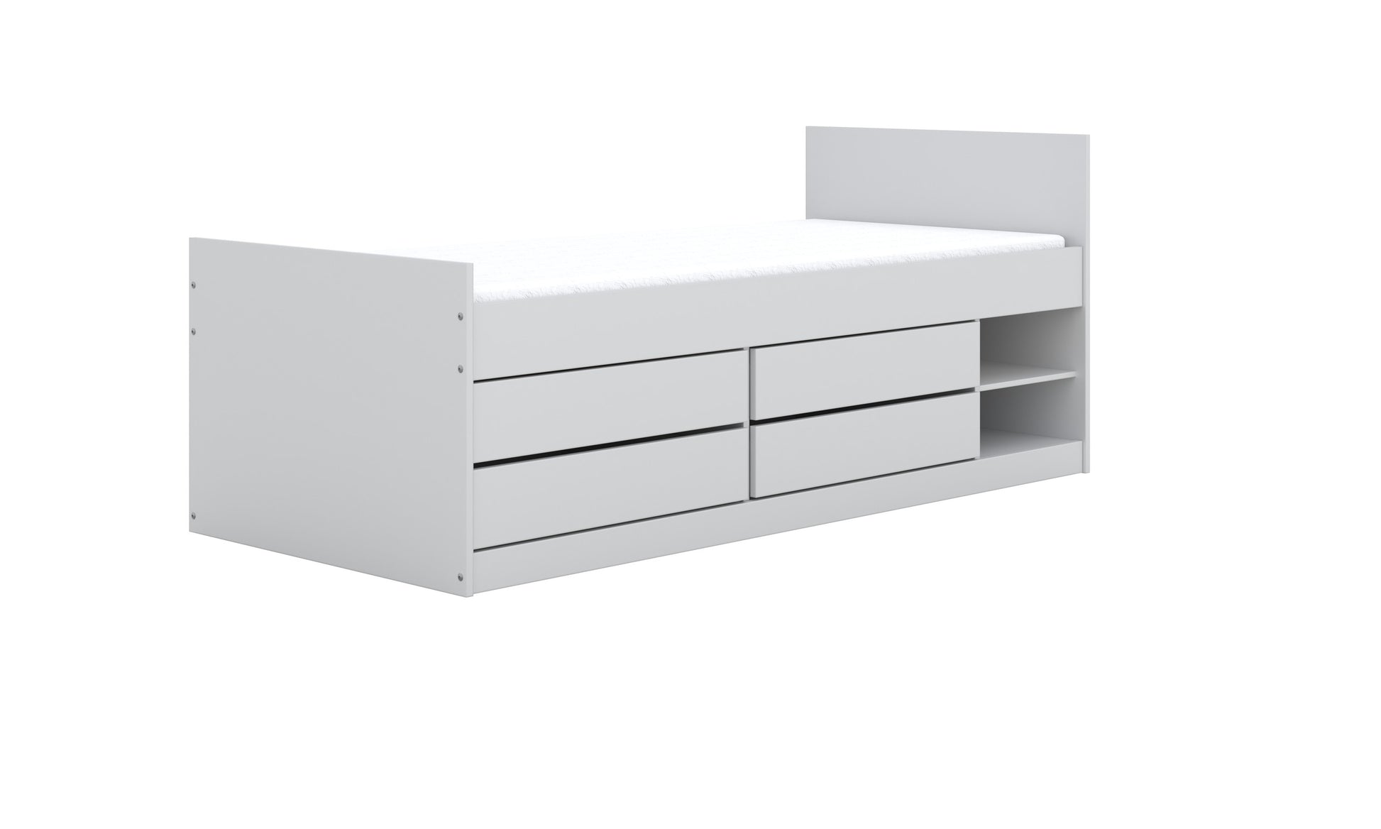Angled perspective of white kids bed displaying four storage drawers and integrated shelf units