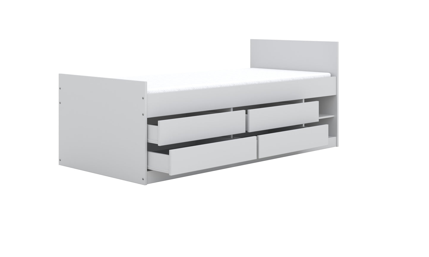 Leon bed with drawers partially extended showing smooth-gliding storage compartments for organization