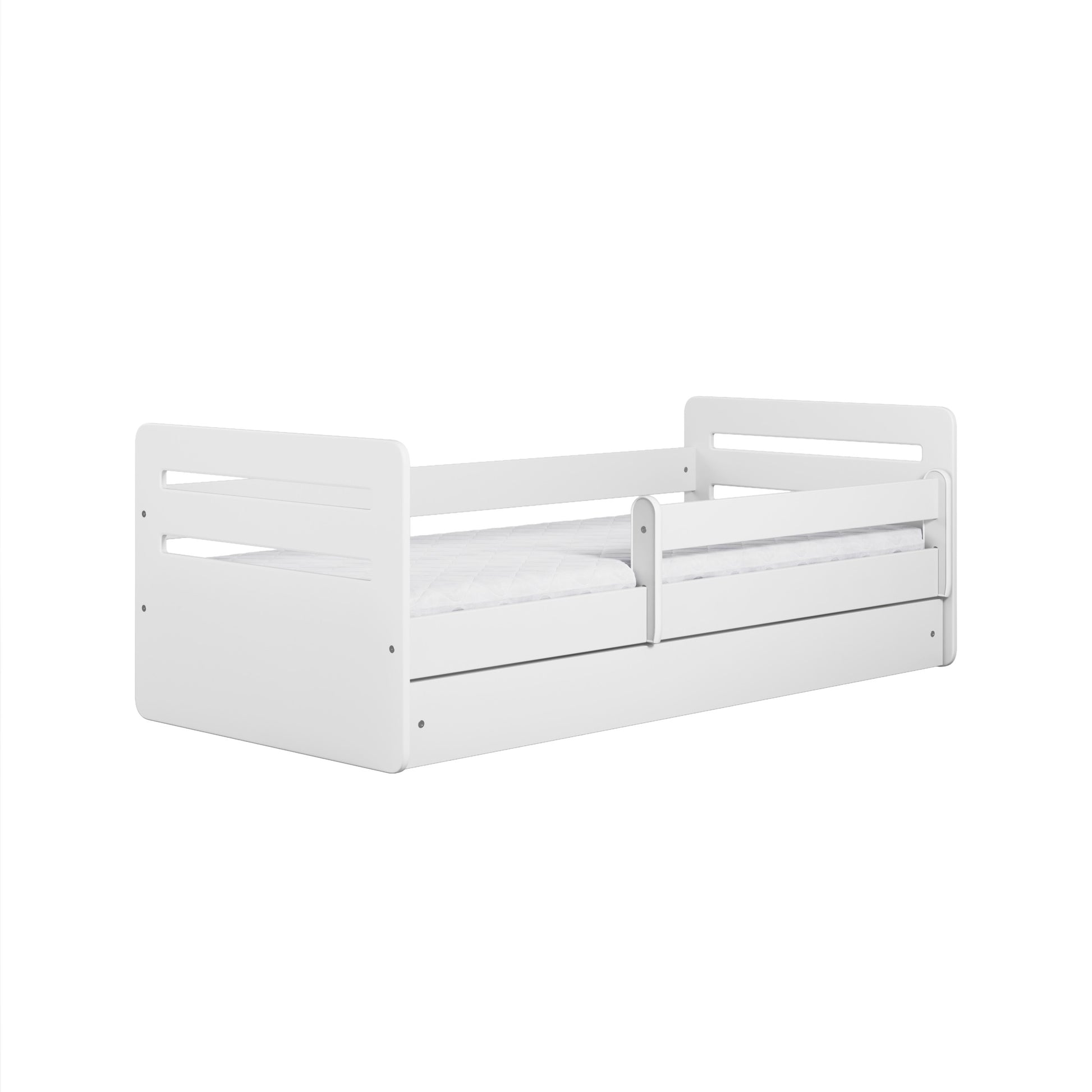 White Tomi toddler bed with removable guardrail, product shot on white background