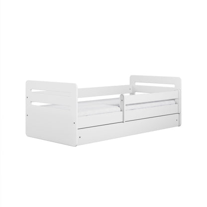 White Tomi toddler bed with removable guardrail, product shot on white background