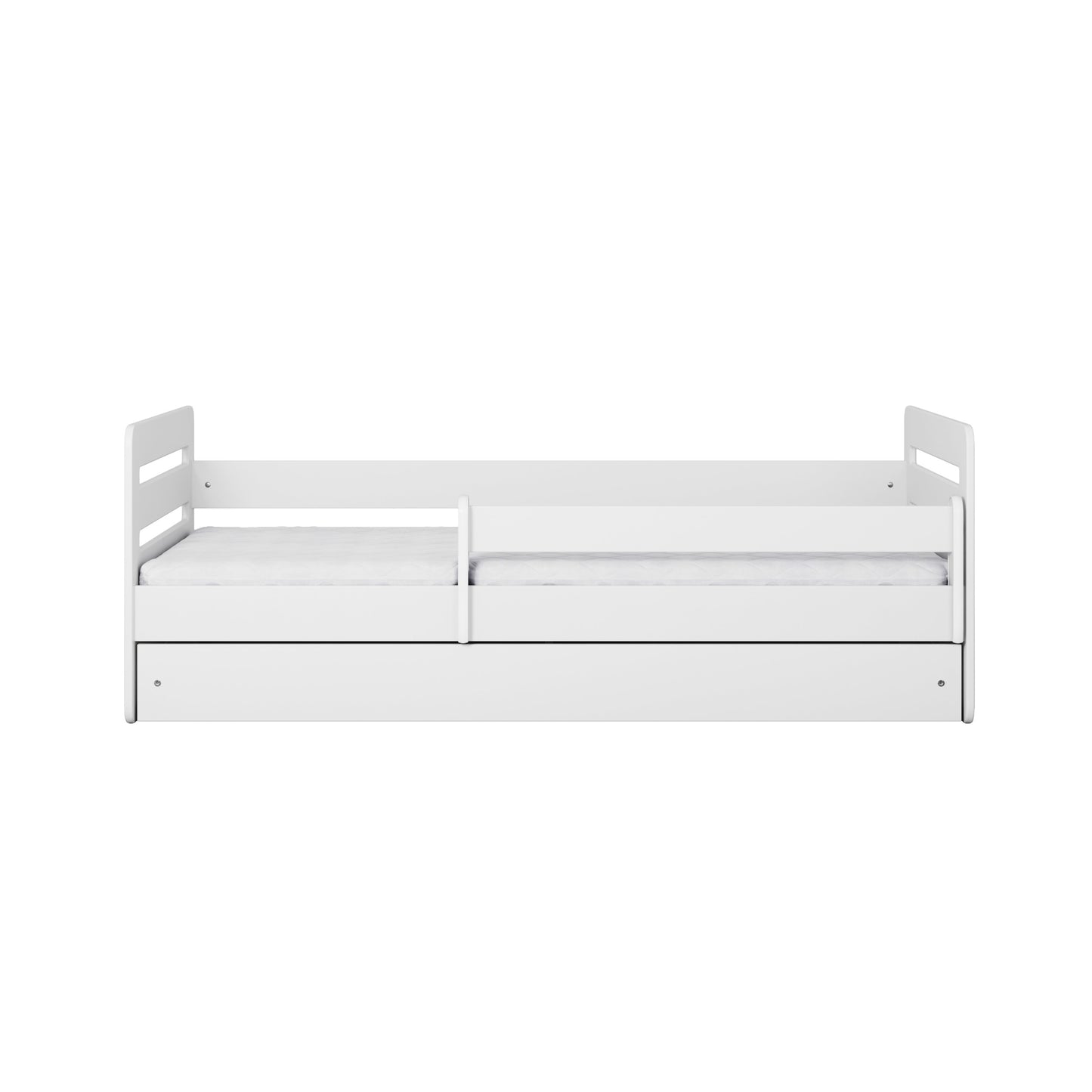 Top-down view of white Tomi kids bed frame with safety guardrails