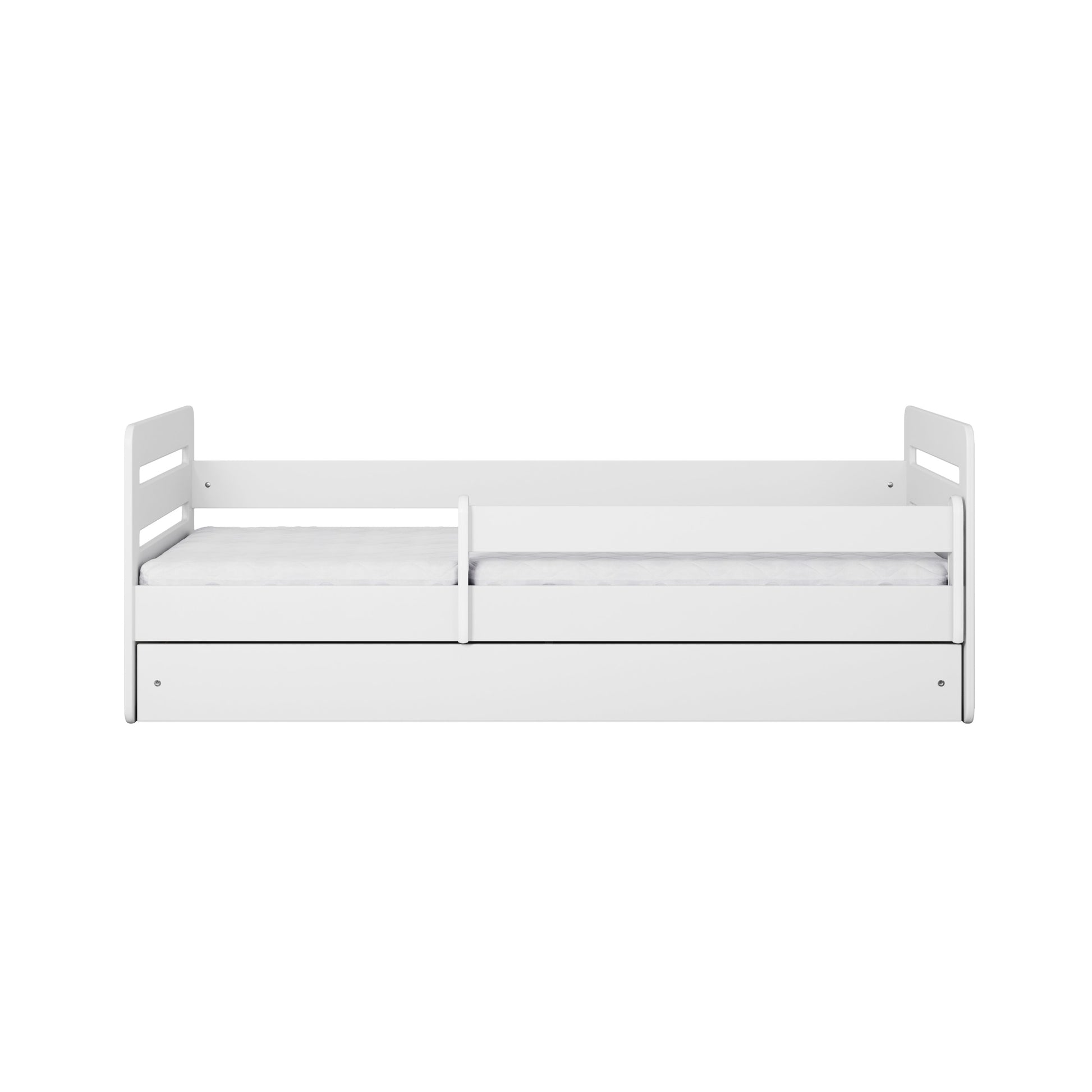 Top-down view of white Tomi kids bed frame with safety guardrails