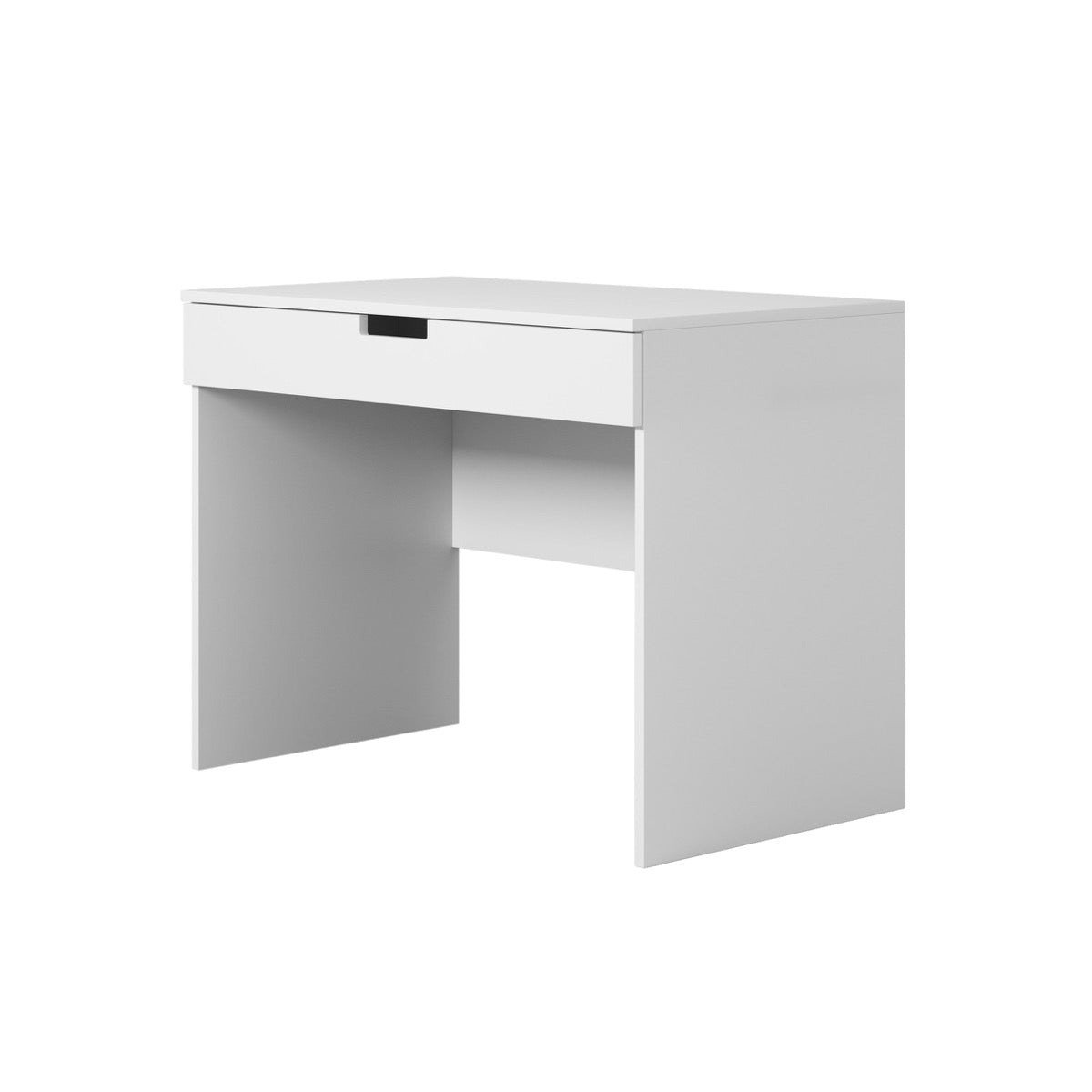 White Tomi kids desk with drawer, angled front view showing storage
