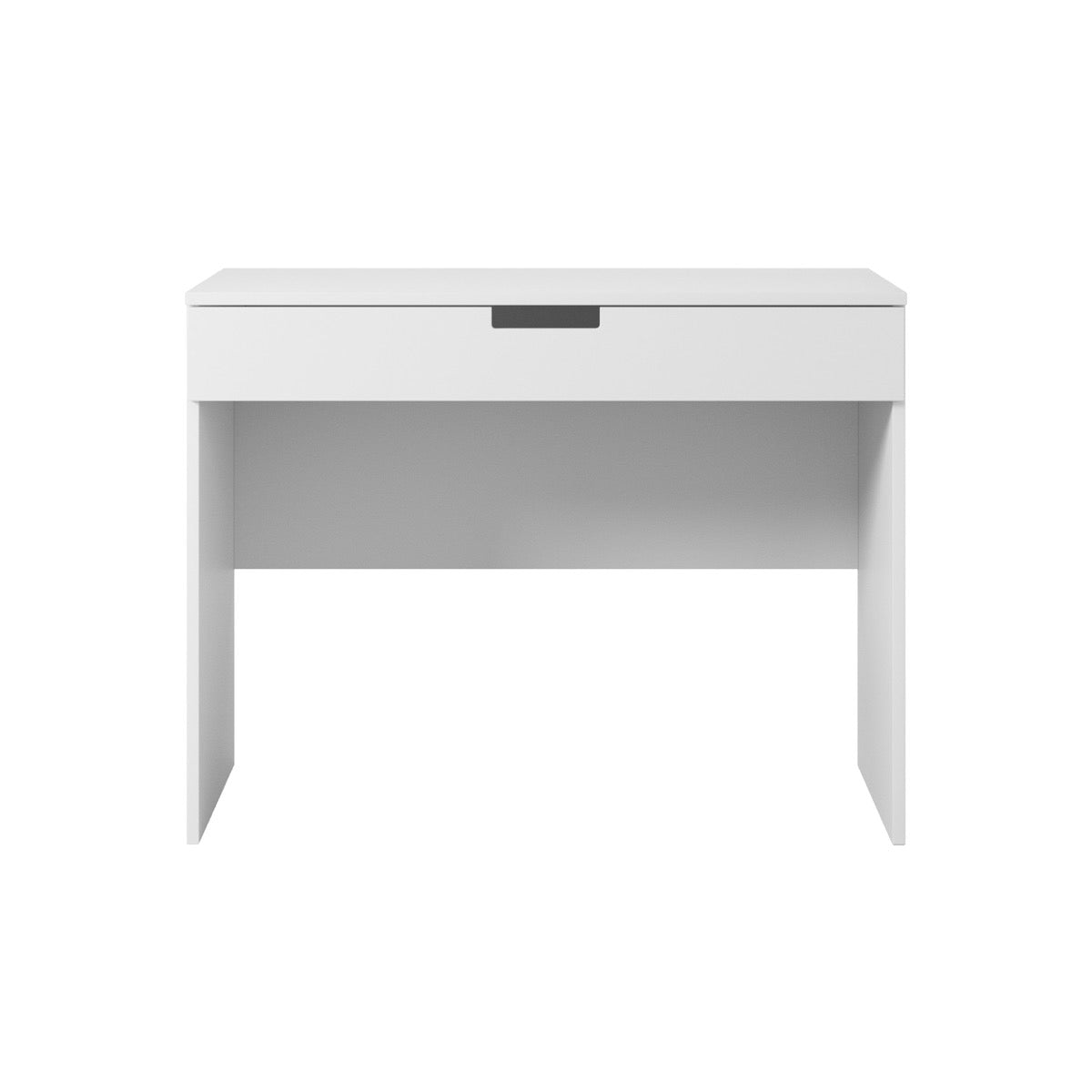 White kids study desk front view with spacious work surface and closed drawer