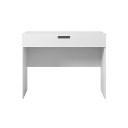 White kids study desk front view with spacious work surface and closed drawer