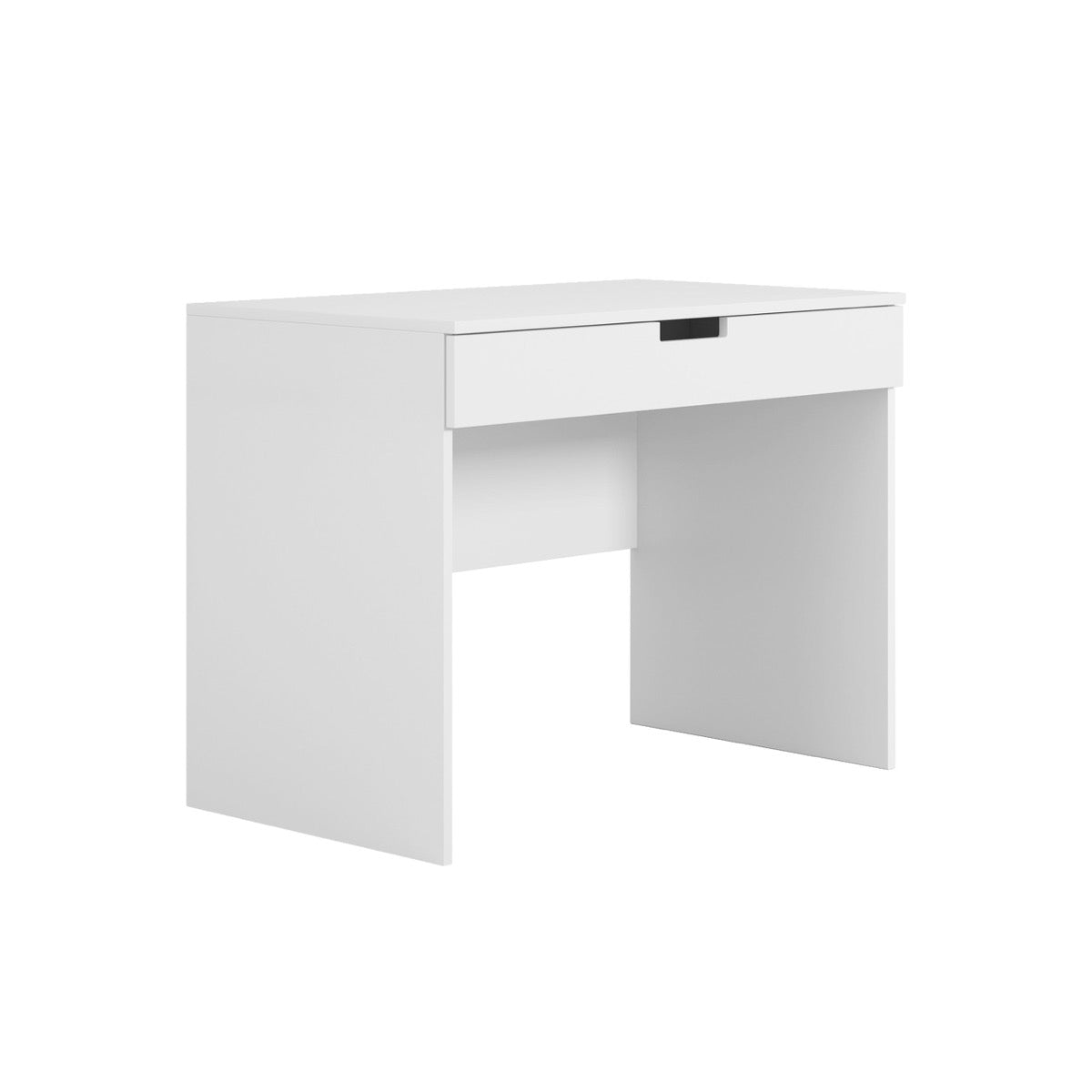 White Tomi desk side angle showing solid construction and simple design