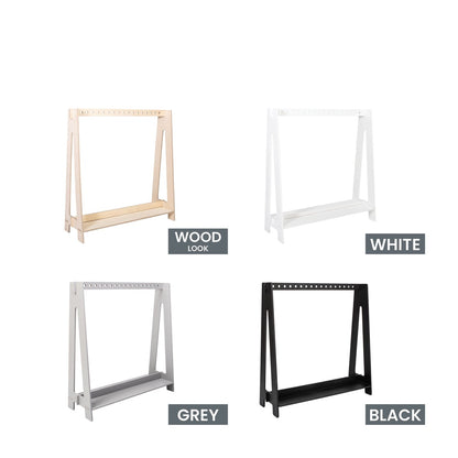 Four color options for Montessori house bed clothing rack: wood, white, grey, and black