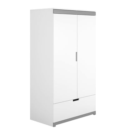 Tomi children's wardrobe side angle view showing white finish and grey accents