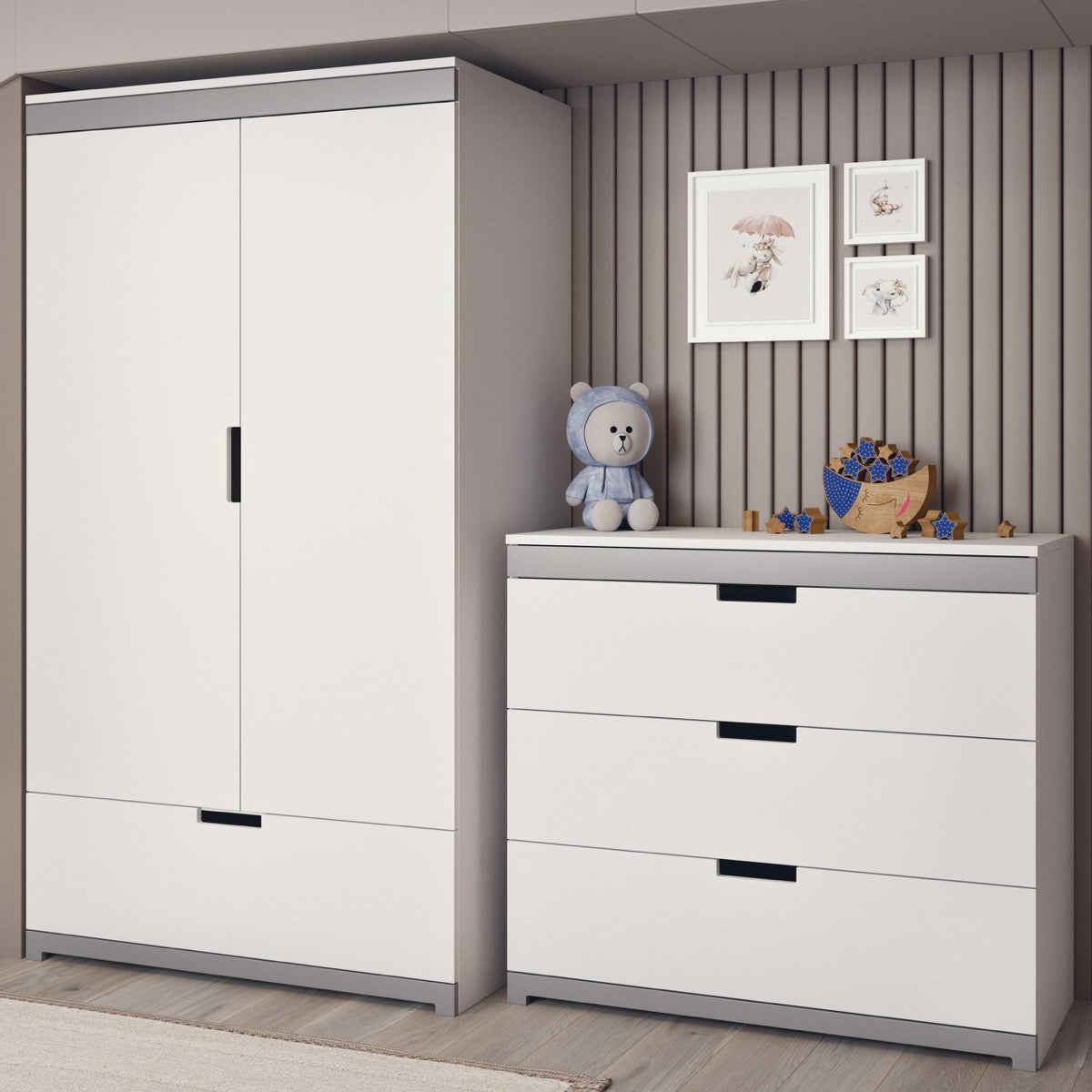 Tomi wardrobe styled in modern kids bedroom with matching dresser and accessories