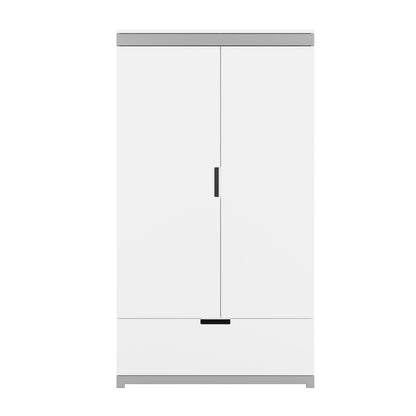 Tomi white children's wardrobe front view with grey top and black hardware