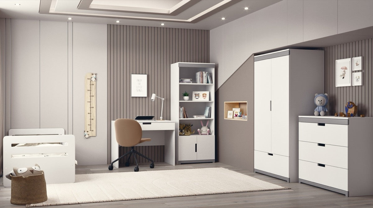 White Tomi wardrobe in contemporary teen bedroom with desk and shelving units