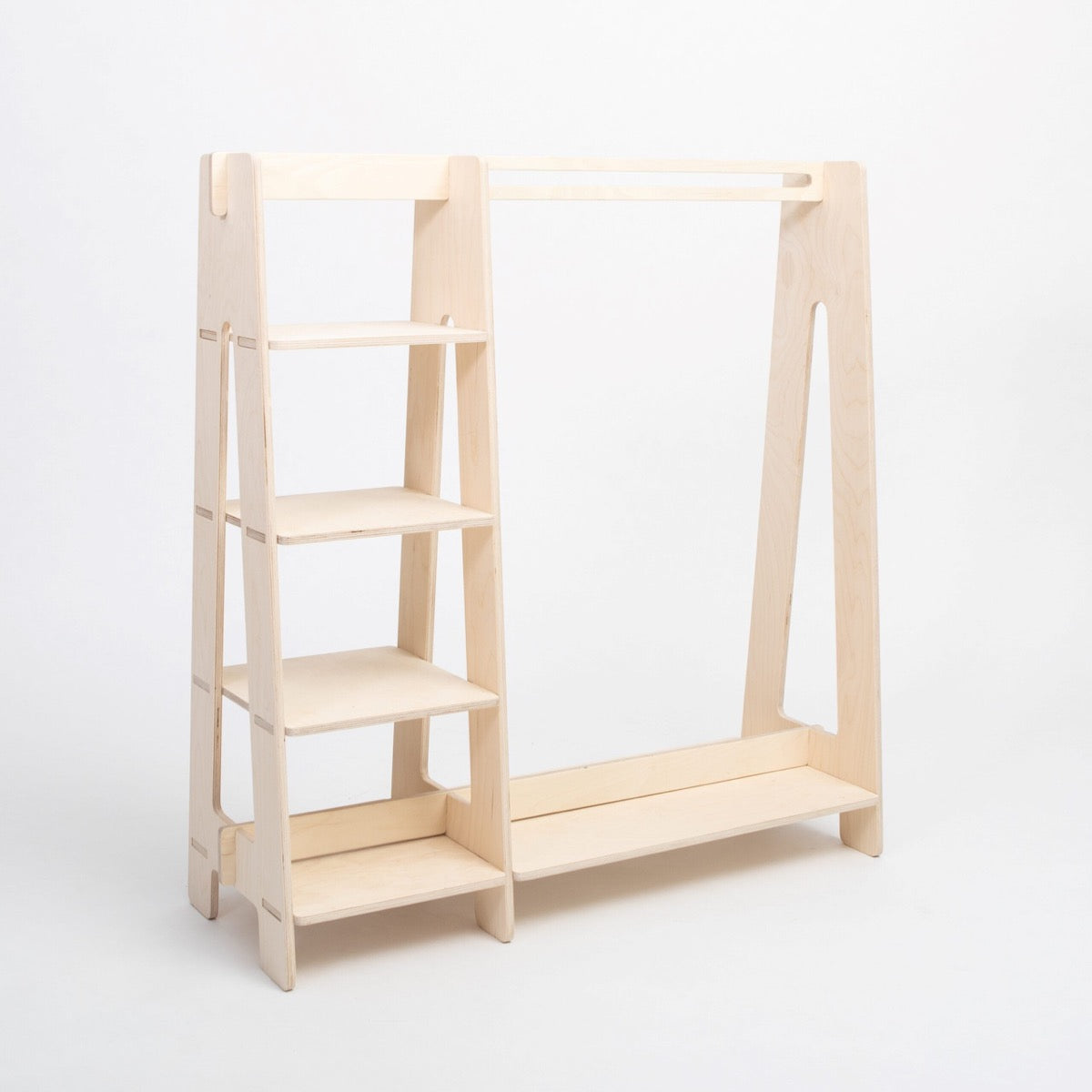 Natural wood Montessori clothing rack with shelves and hanging rod, front angle view
