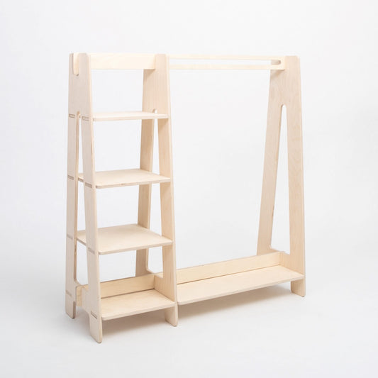 Natural wood Montessori clothing rack with shelves and hanging rod, front angle view
