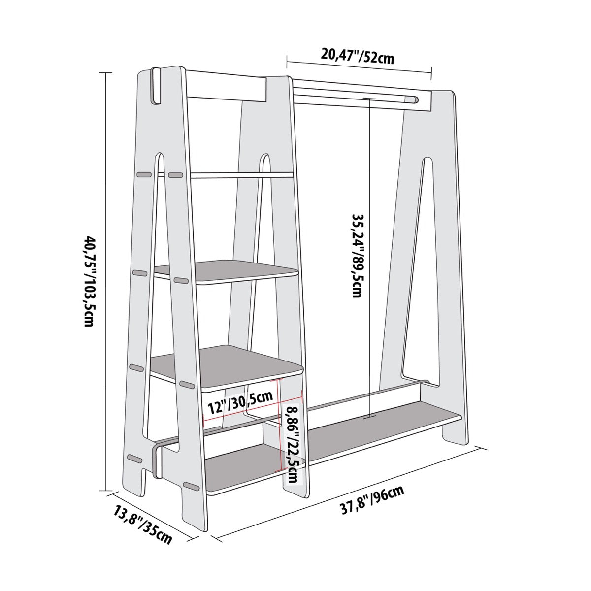 Dimension diagram of wooden kids wardrobe rack showing width, height, and depth measurements