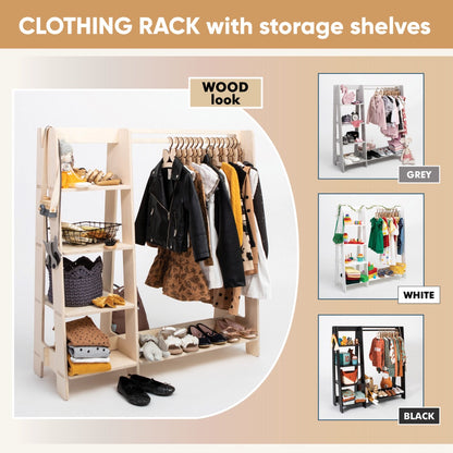 Wooden clothing rack with storage shelves available in natural, grey, white, and black finishes