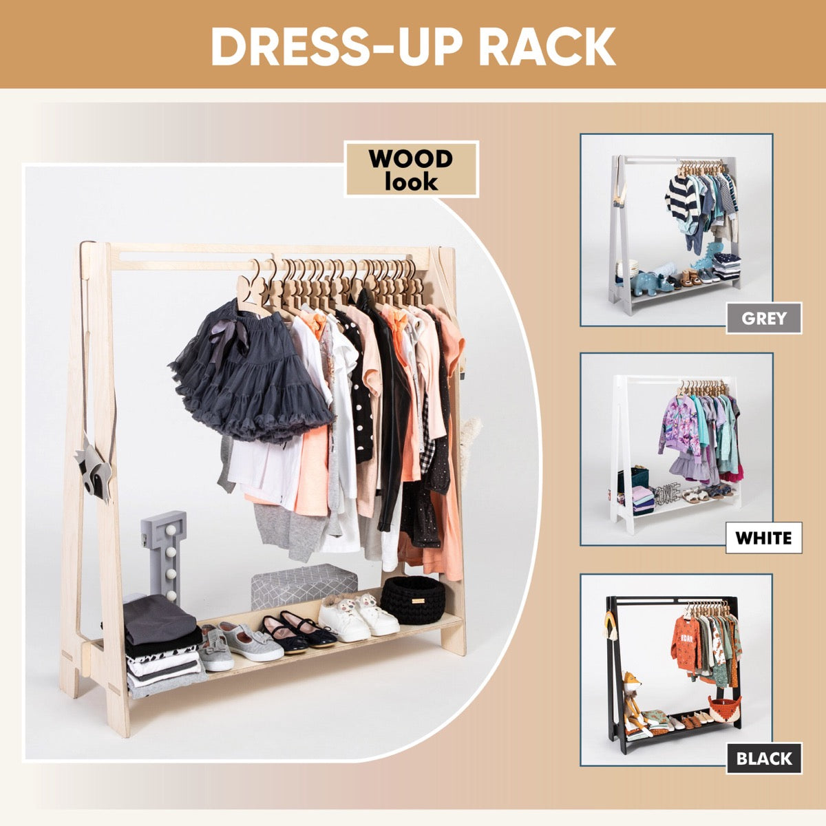 Dress-up rack product comparison showing natural wood, grey, white, and black color variants