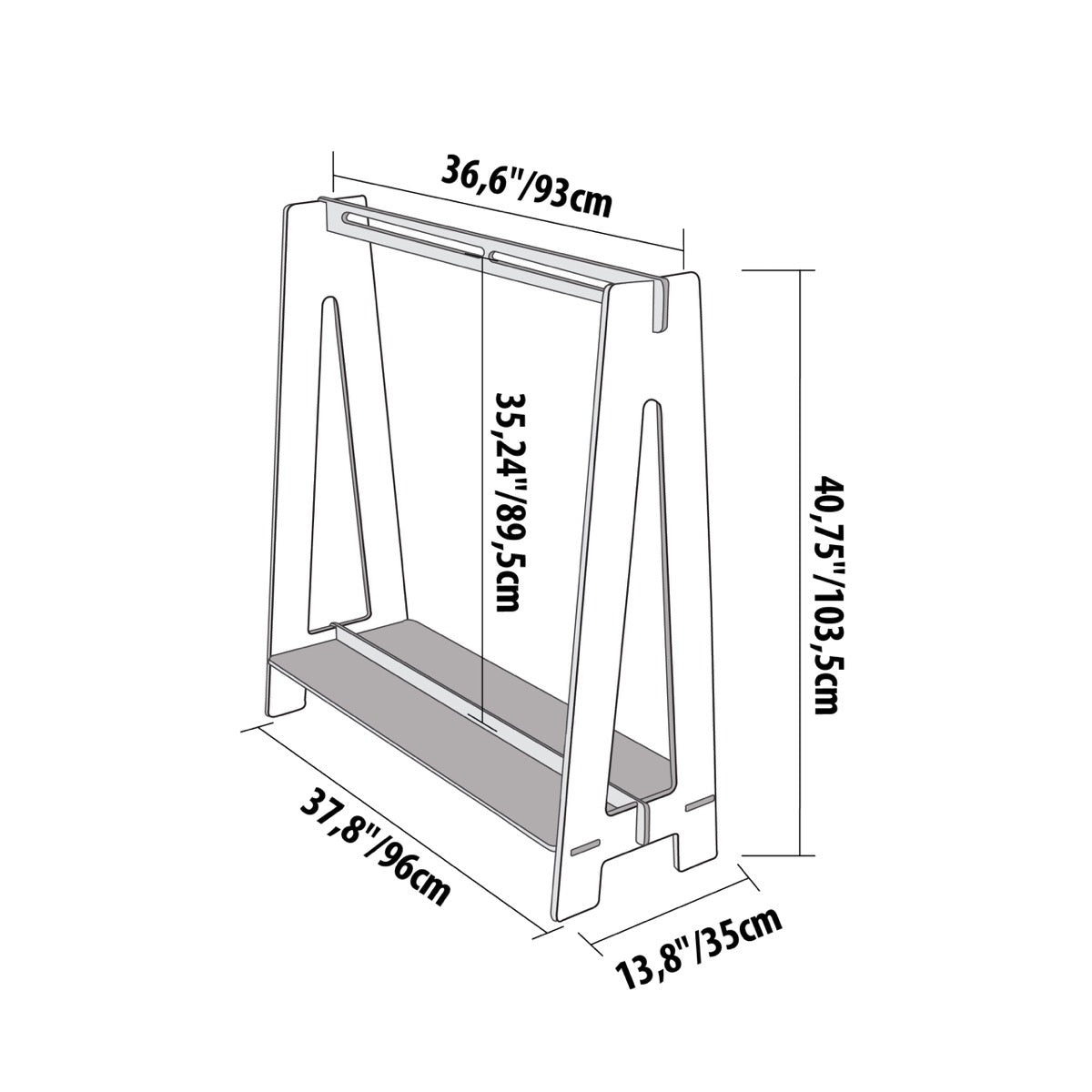 Technical dimension drawing of Montessori kids clothing rack with measurements and specifications