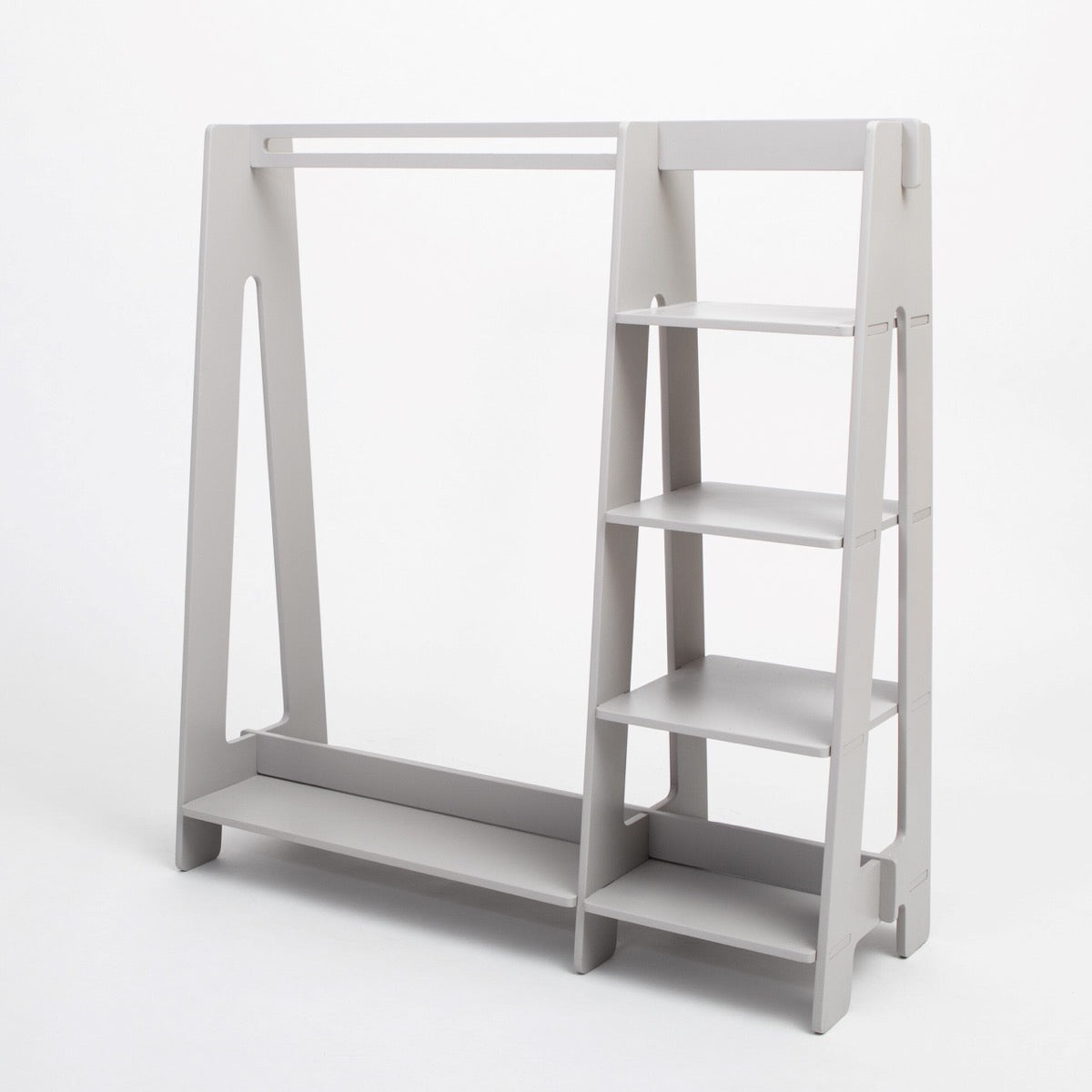 Grey solid wood kids clothing rack empty, showing open shelving and hanging space