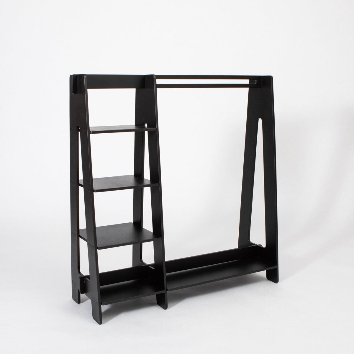 Black painted children's wardrobe rack with shelves, hanging clothes, and floor storage