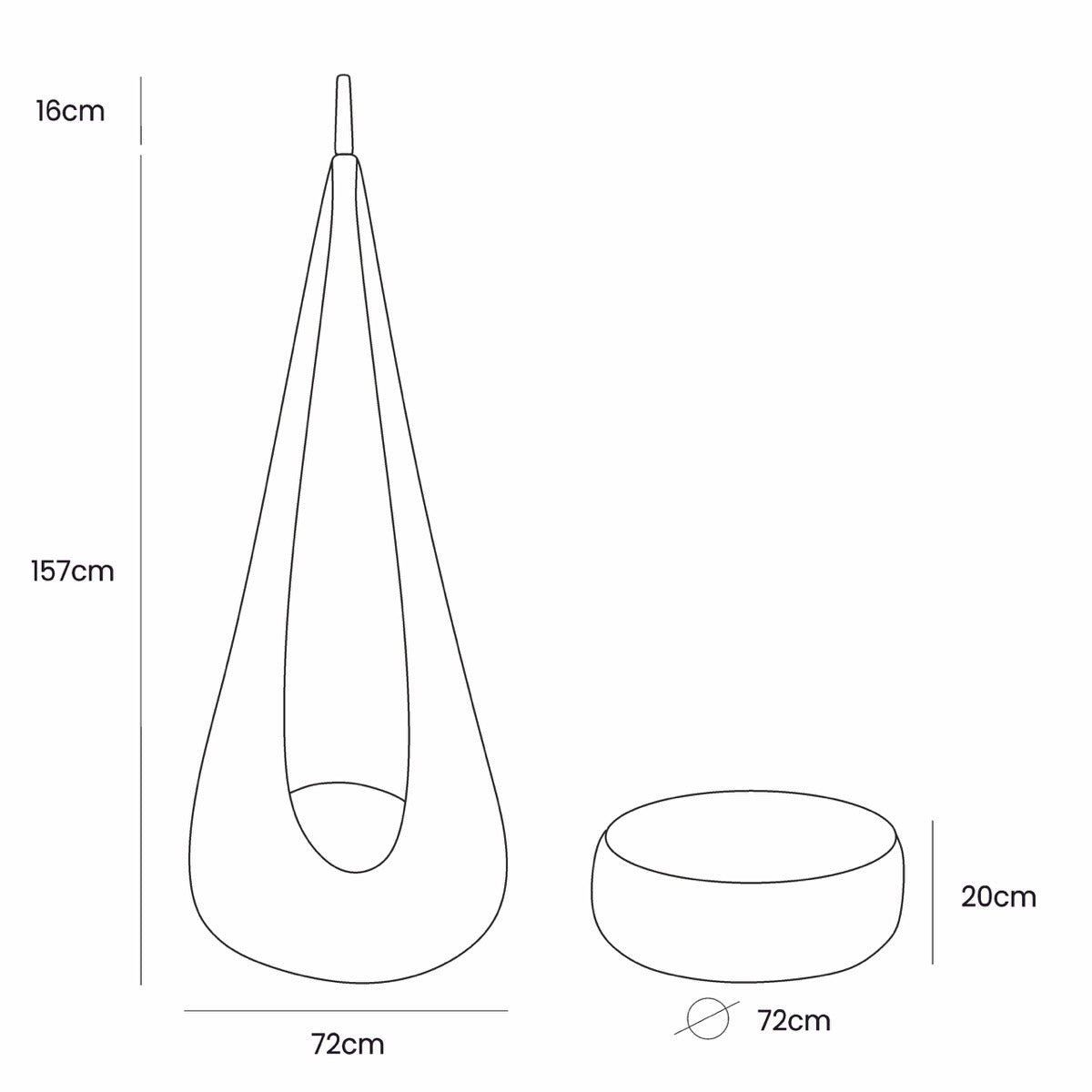 Cocoon swing dimensions showing 157cm height, 72cm width, and 20cm cushion depth with measurement scale