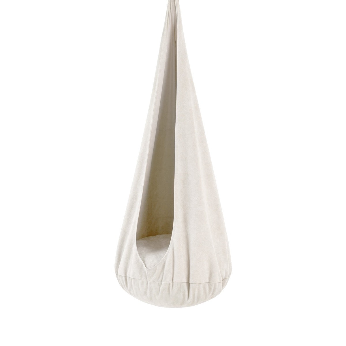 White cotton cocoon swing hanging from ceiling mount with soft corduroy cover and plush cushion interior