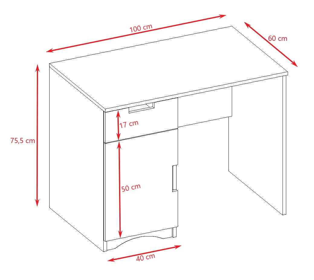 Kocot Kids desk dimensions diagram showing 100cm width, 60cm depth, and 75.5cm height