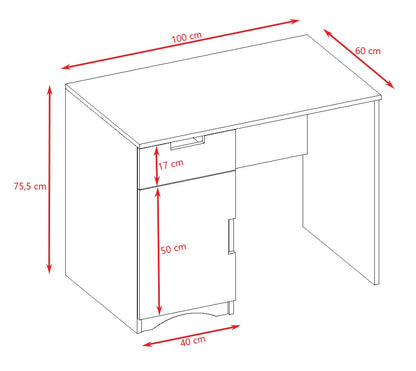 Kocot Kids desk dimensions diagram showing 100cm width, 60cm depth, and 75.5cm height