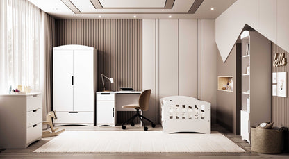Complete nursery room setup featuring white desk, wardrobe, and coordinating furniture