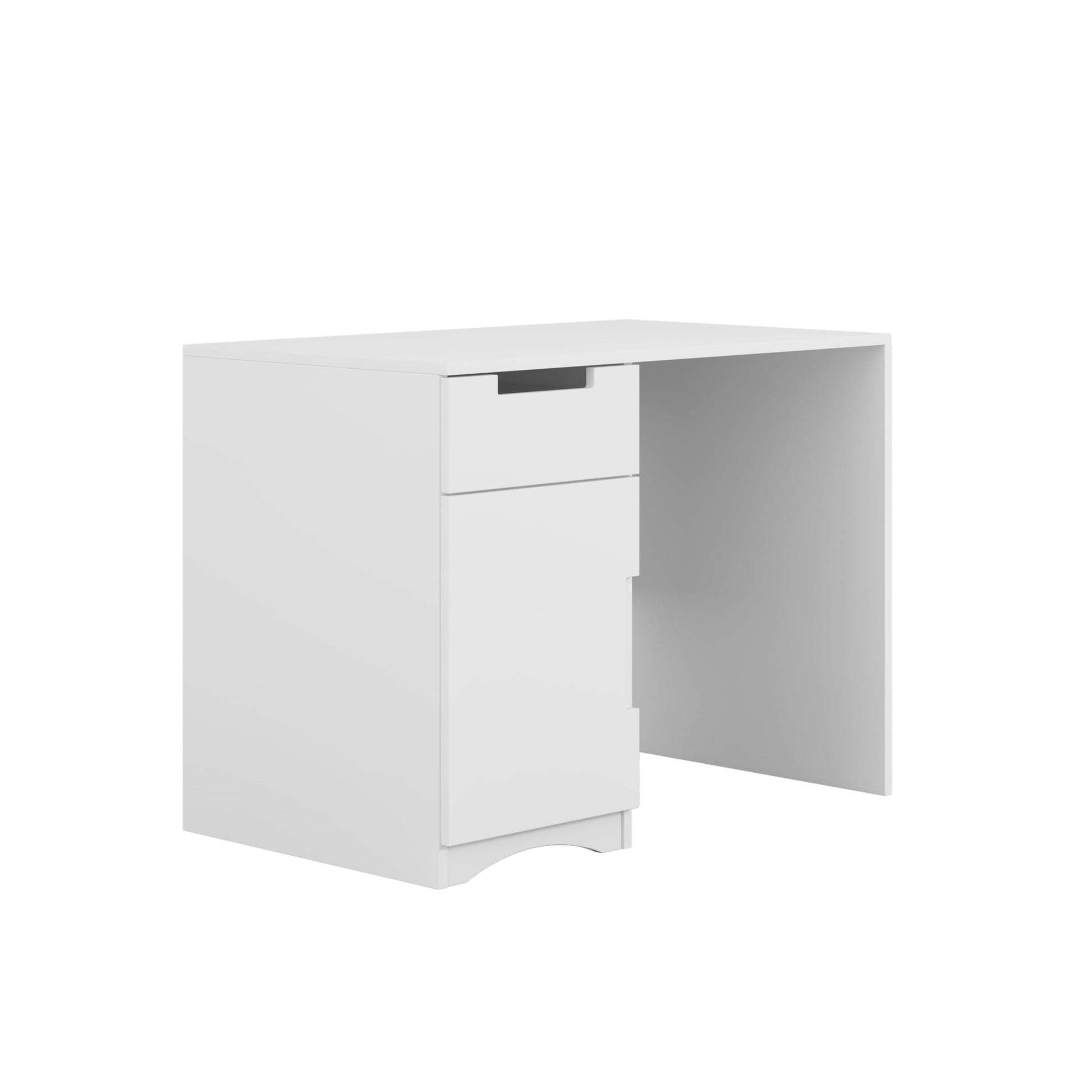 White desk with single drawer and cabinet storage, front-angled perspective view