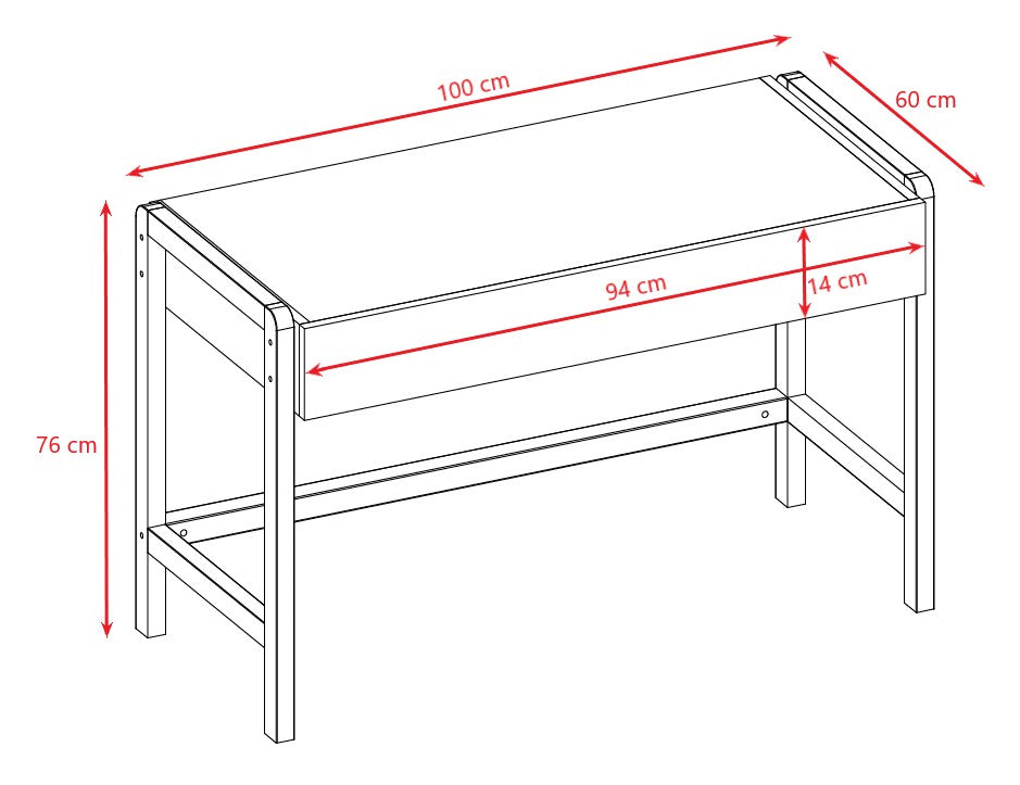 Kocot Kids Victor desk dimensions diagram showing 100cm width, 76cm height, and 60cm depth measurements