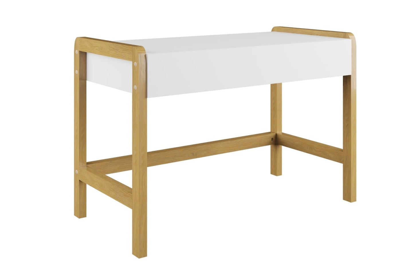 Angled view of white kids desk with natural oak wooden legs and lower shelf frame