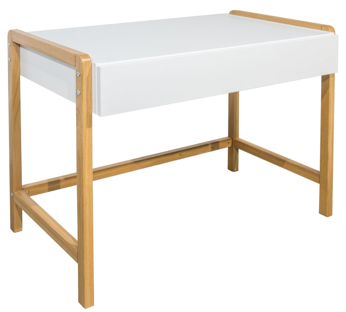Front view of Scandinavian-style kids desk with white top and solid oak wood legs