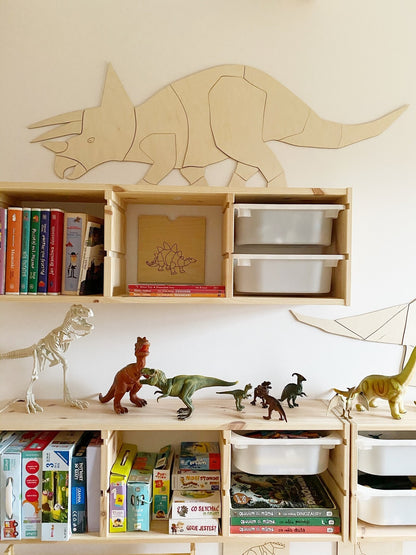 Left-facing wooden triceratops wall decoration above storage unit with children's books and toys