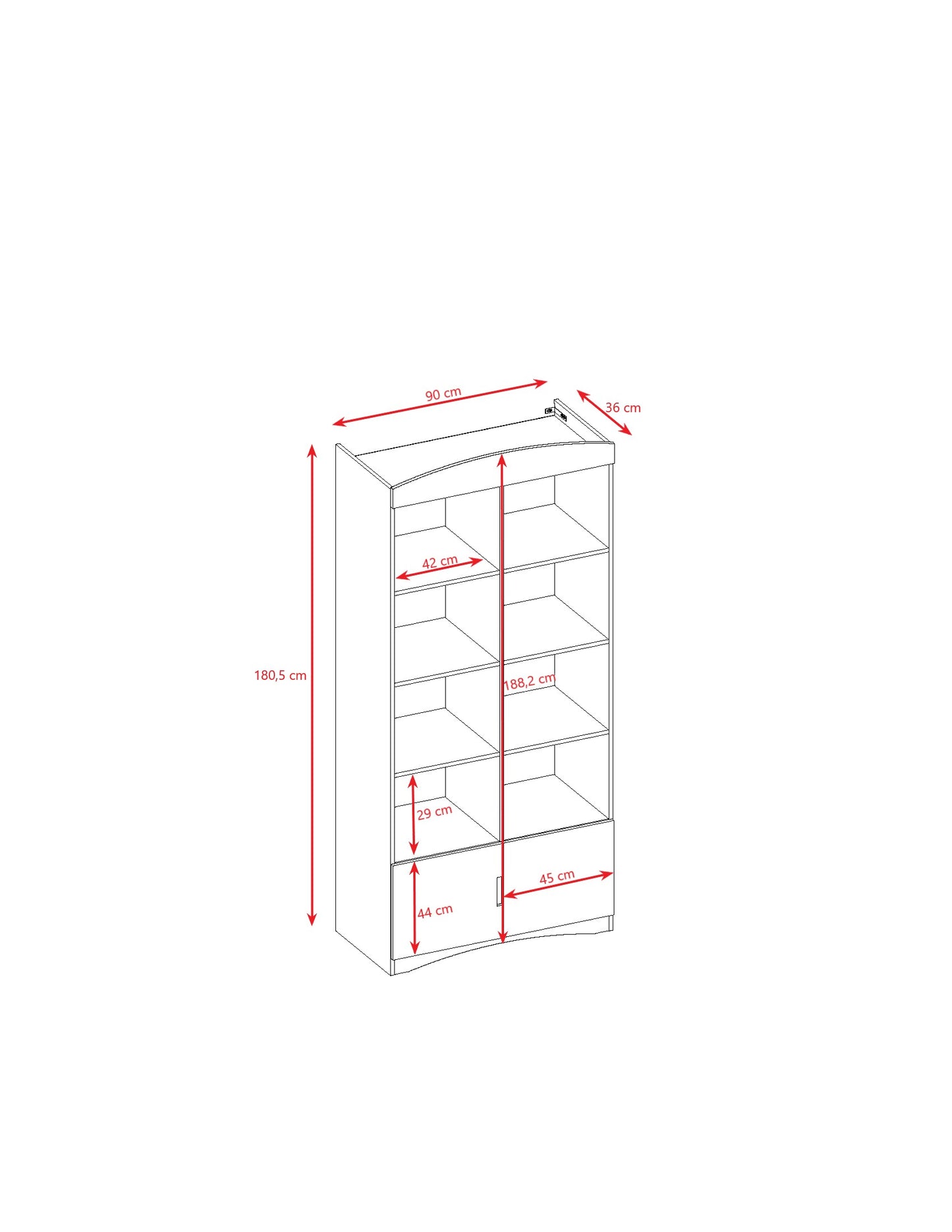 Dimension diagram showing measurements of white double bookshelf with 8 shelves