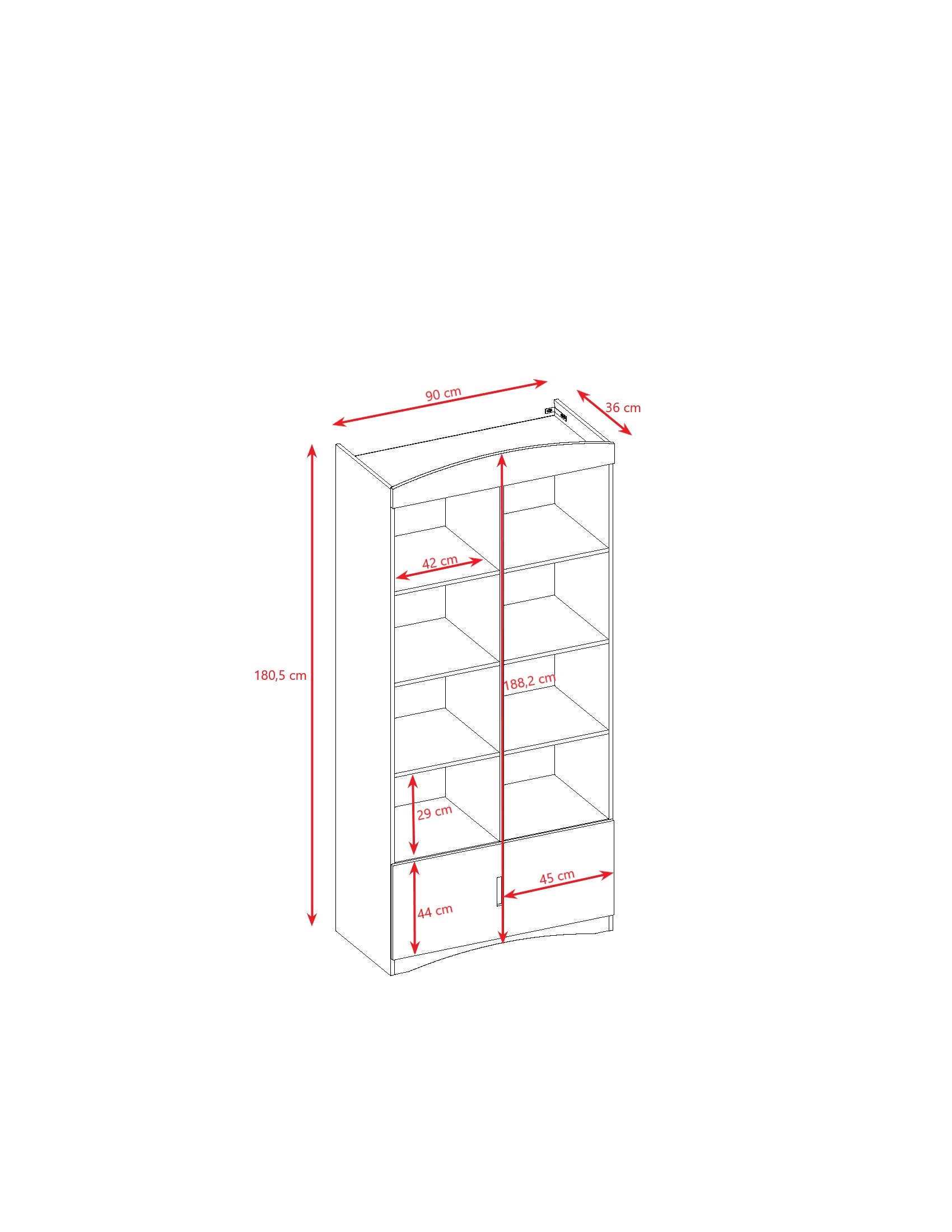 Dimension diagram showing measurements of white double bookshelf with 8 shelves