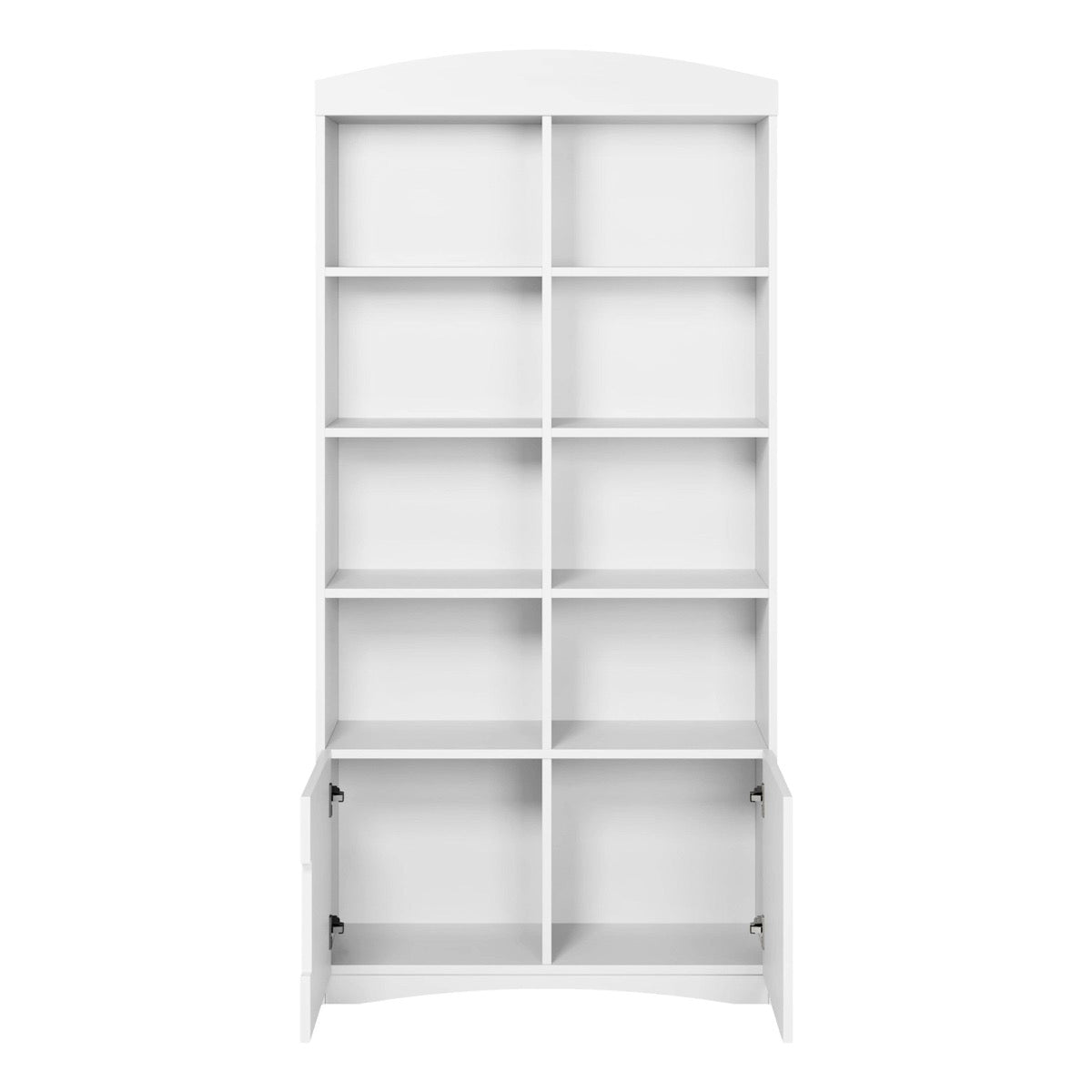 Front view of white double bookshelf with open shelves and closed cabinet doors