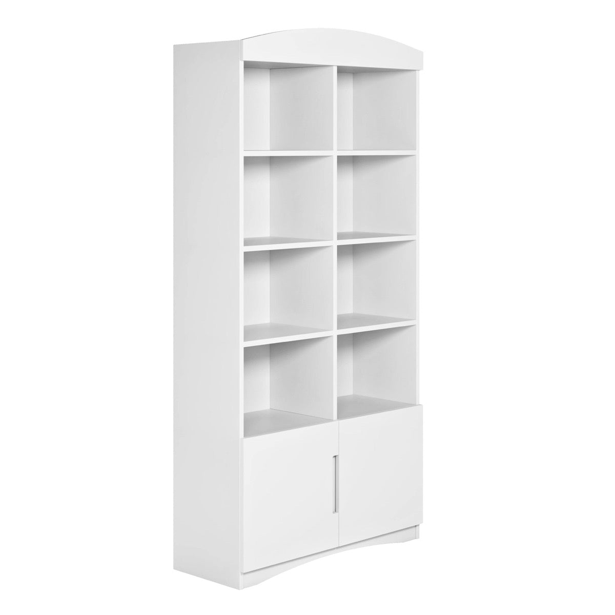 Side angle view of white double bookshelf with 8 shelves and closed lower storage