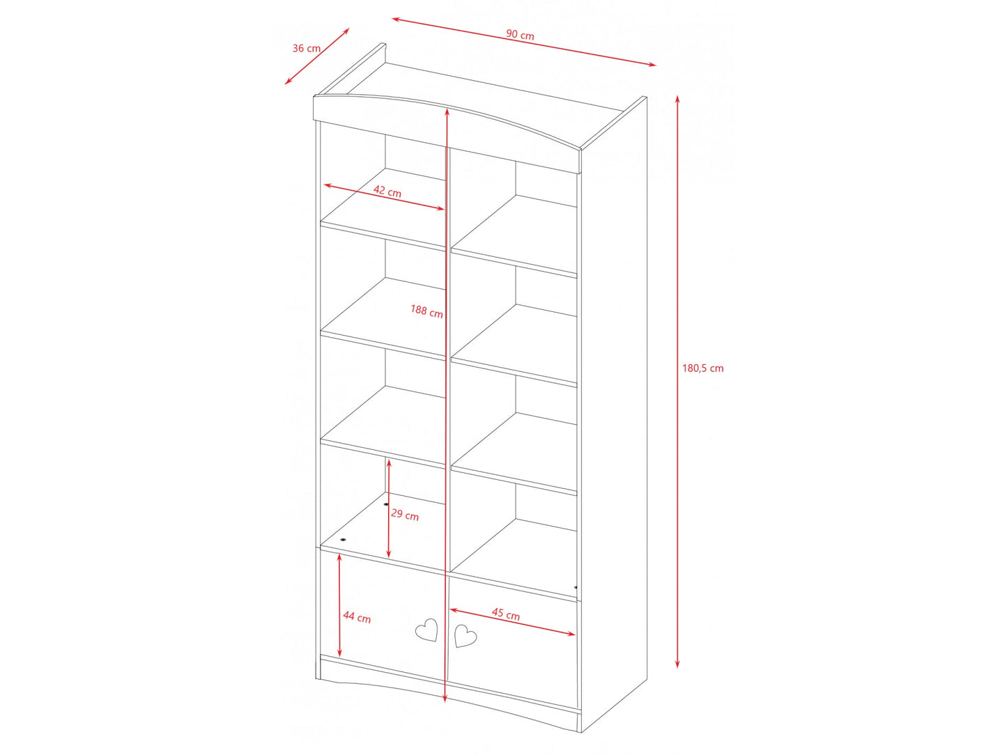 Julia double bookshelf technical drawing showing dimensions and shelf layout