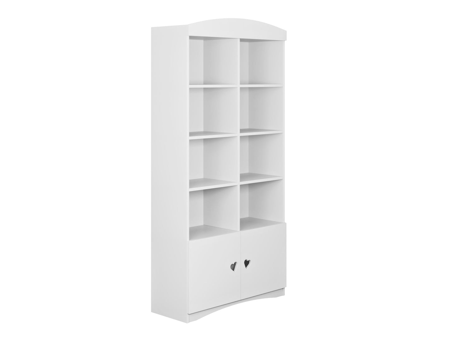White Julia double bookshelf front view with heart-shaped handles on lower doors