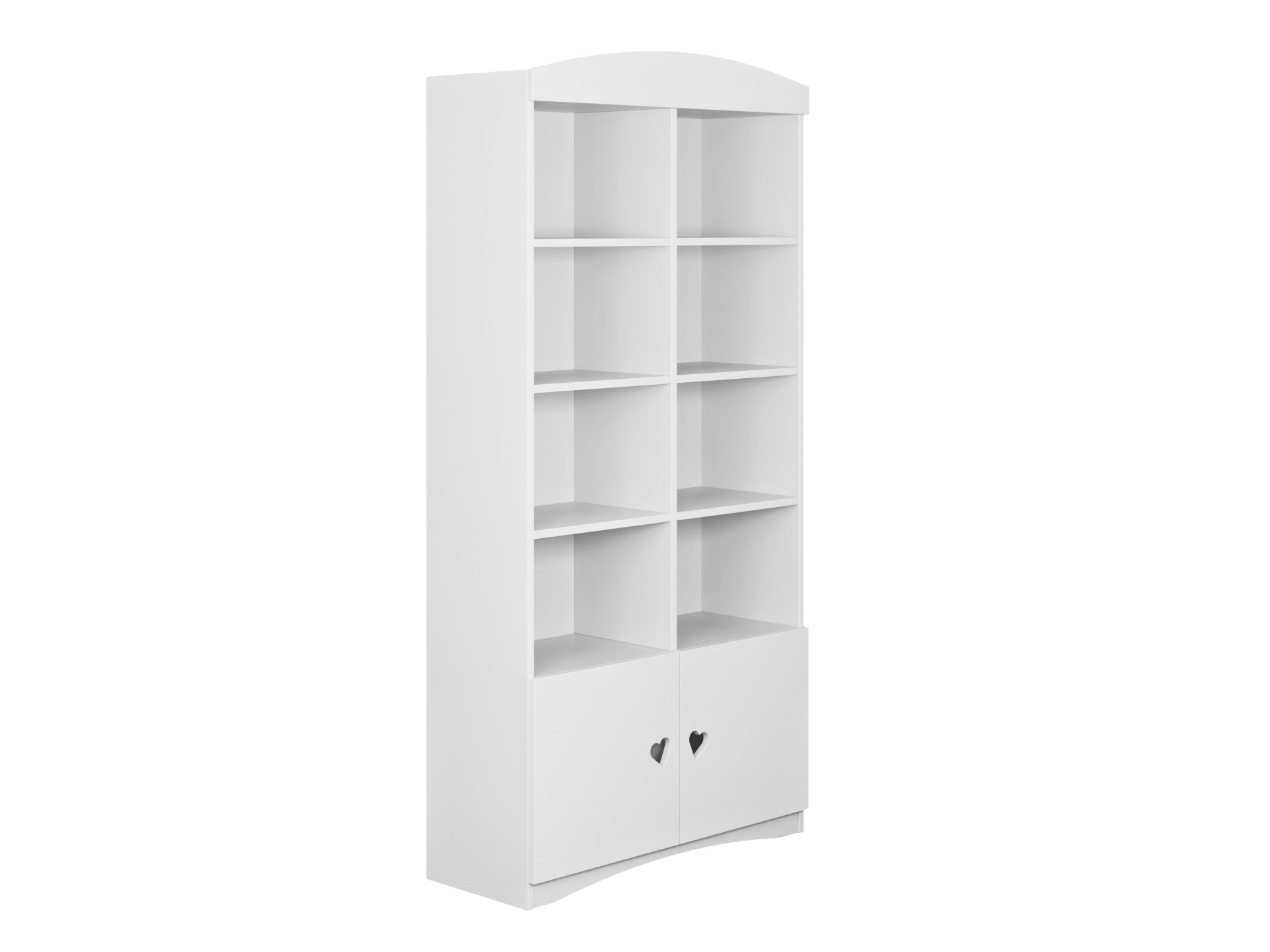 White Julia double bookshelf front view with heart-shaped handles on lower doors