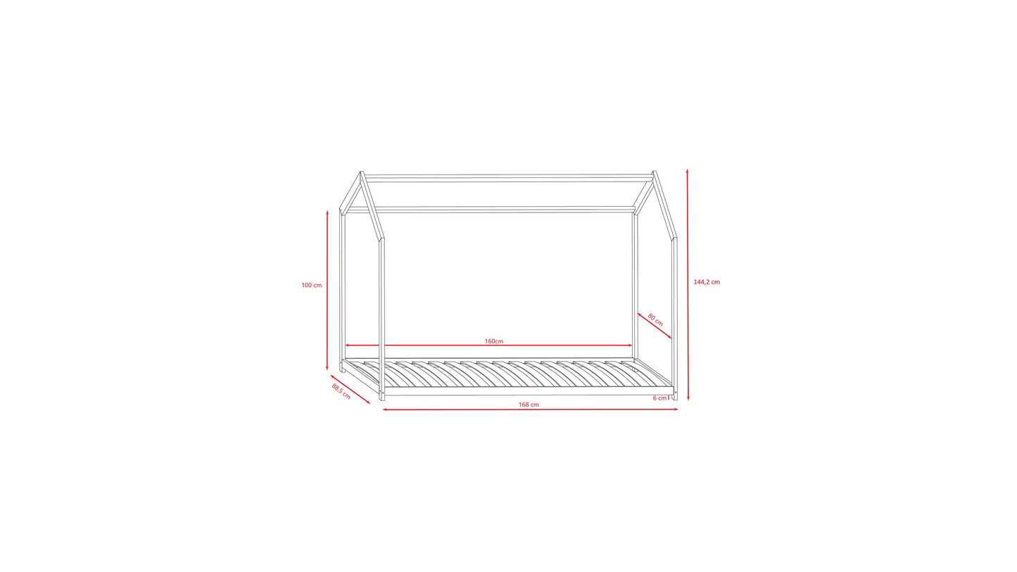 Bella house bed dimension diagram showing length, width and height measurements