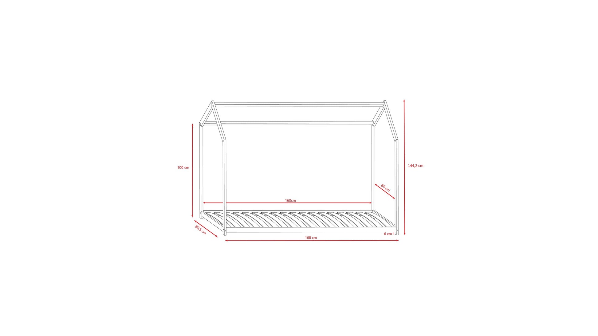 Bella house bed dimension diagram showing length, width and height measurements
