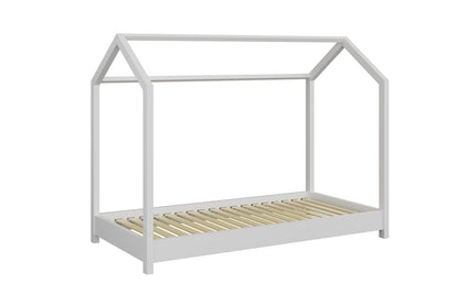 White pine house bed frame showing wooden slat base and minimalist architectural structure