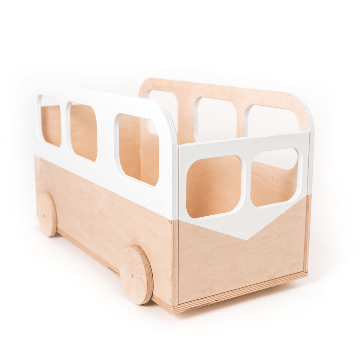 Empty wooden bus-shaped storage box on wheels with white frame and natural wood plywood construction