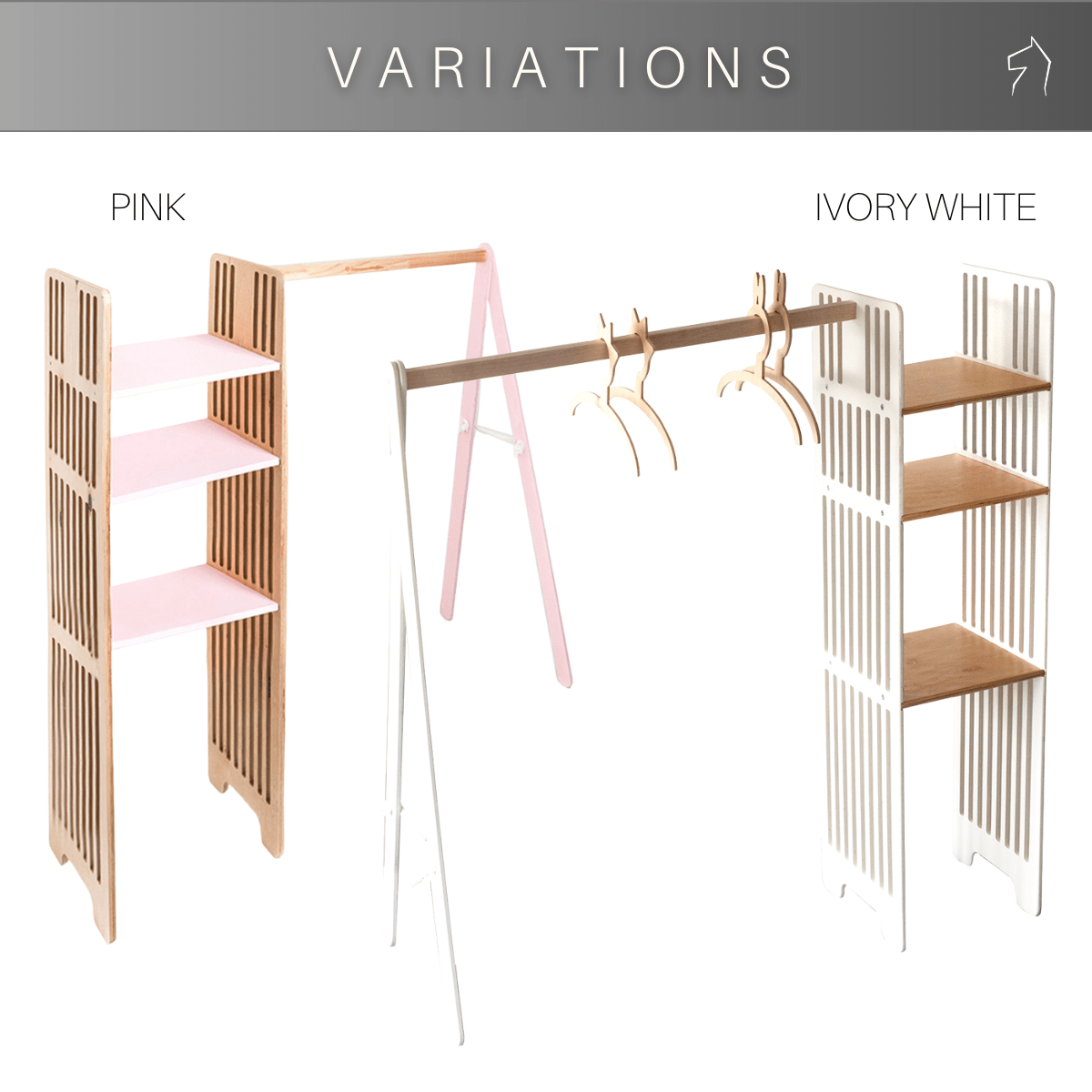 Color variations of Montessori clothing rack available in pink and ivory white with wood accents