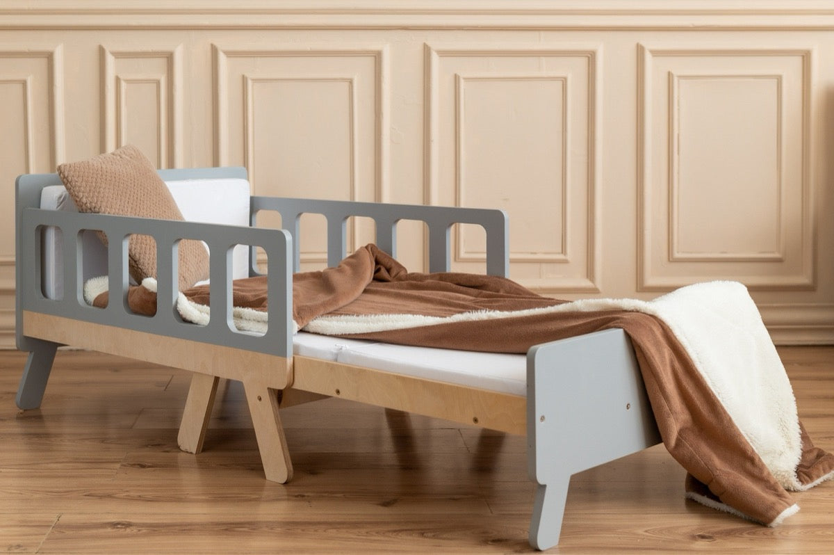 Gray Family-scl growing bed for kids – extendable wooden toddler bed with safety rails