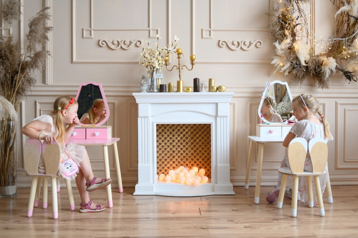 Family-scl Princess Beauty Table Chair with Mirror – lifestyle shot girl playing vanity | Nestling
